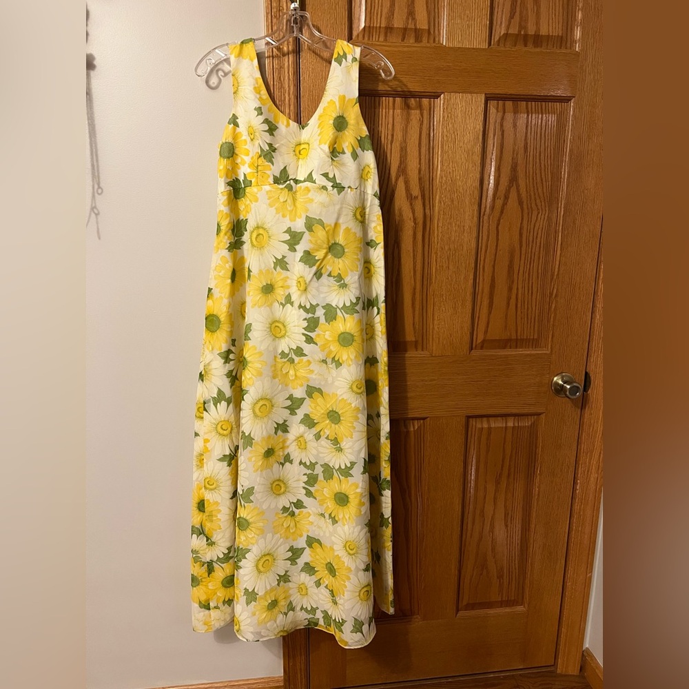 Vintage 70’s long dress, sheer Shasta daisy print, lined